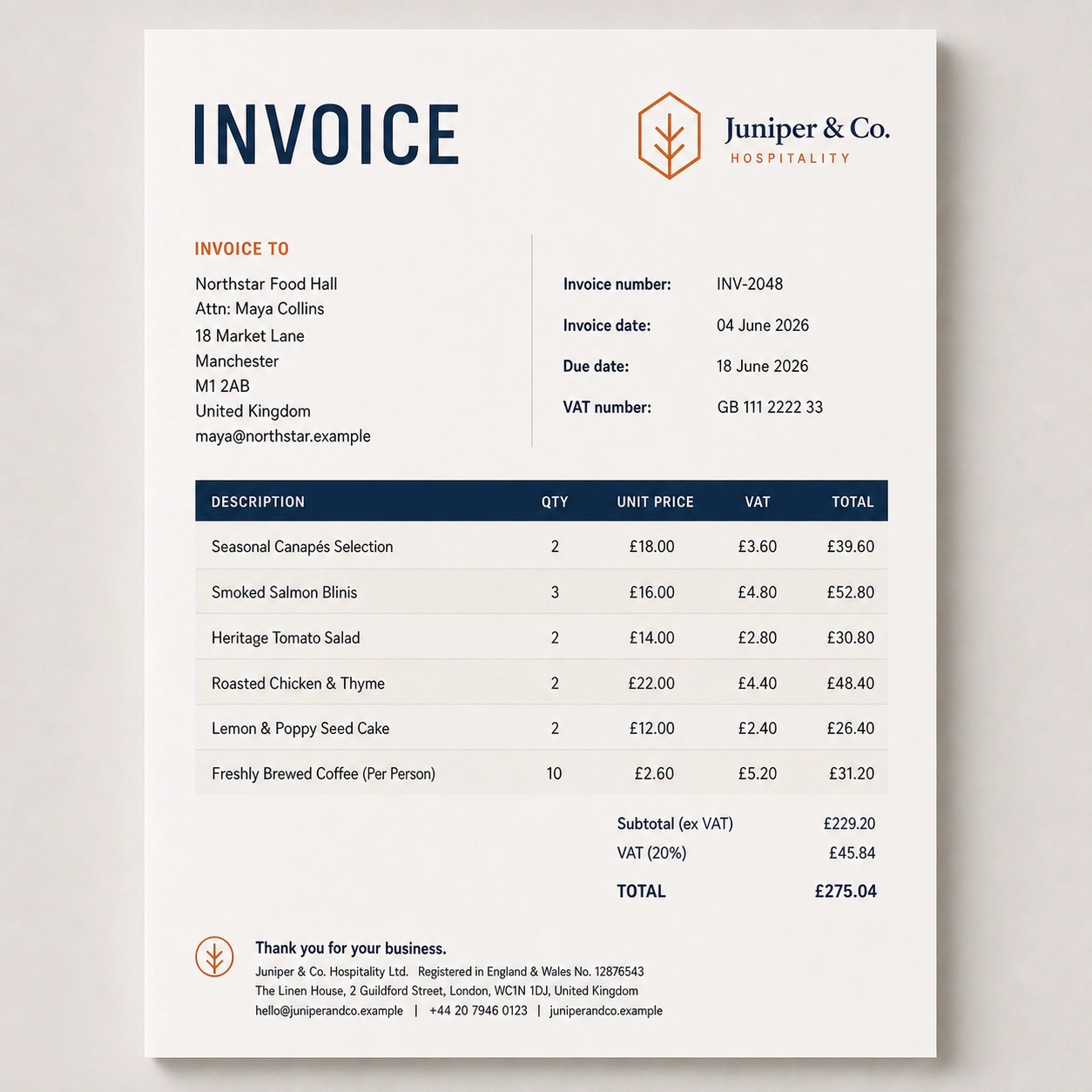 Juniper and Co branded invoice example