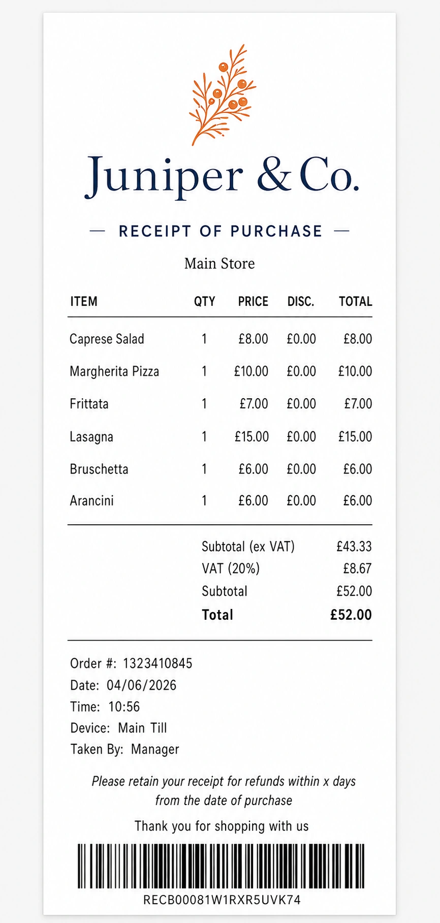Juniper and Co branded receipt example